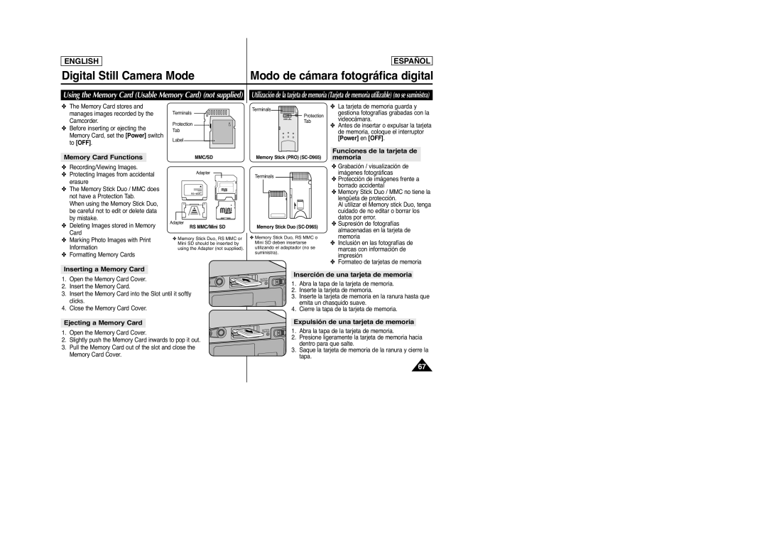 Samsung D965 Memory Card Functions, Funciones de la tarjeta de memoria, Inserting a Memory Card, Ejecting a Memory Card 