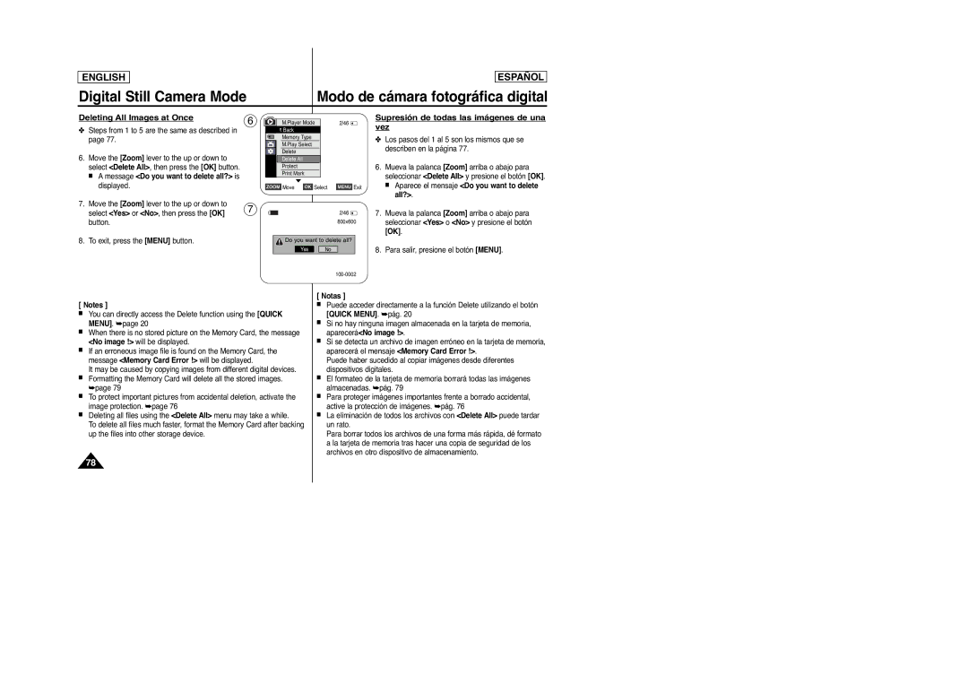 Samsung SC-D963, D965 manual Deleting All Images at Once, Supresión de todas las imágenes de una vez 