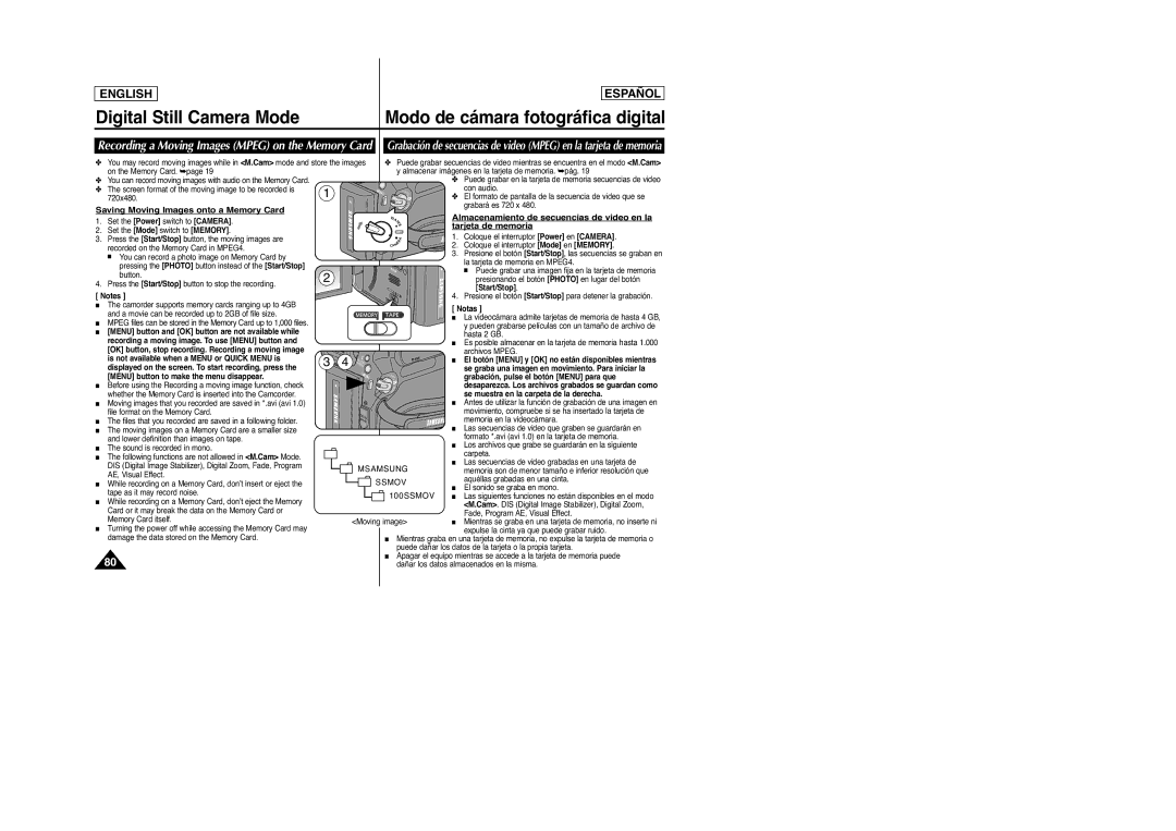 Samsung SC-D963 Saving Moving Images onto a Memory Card, Tarjeta de memoria, Almacenamiento de secuencias de video en la 