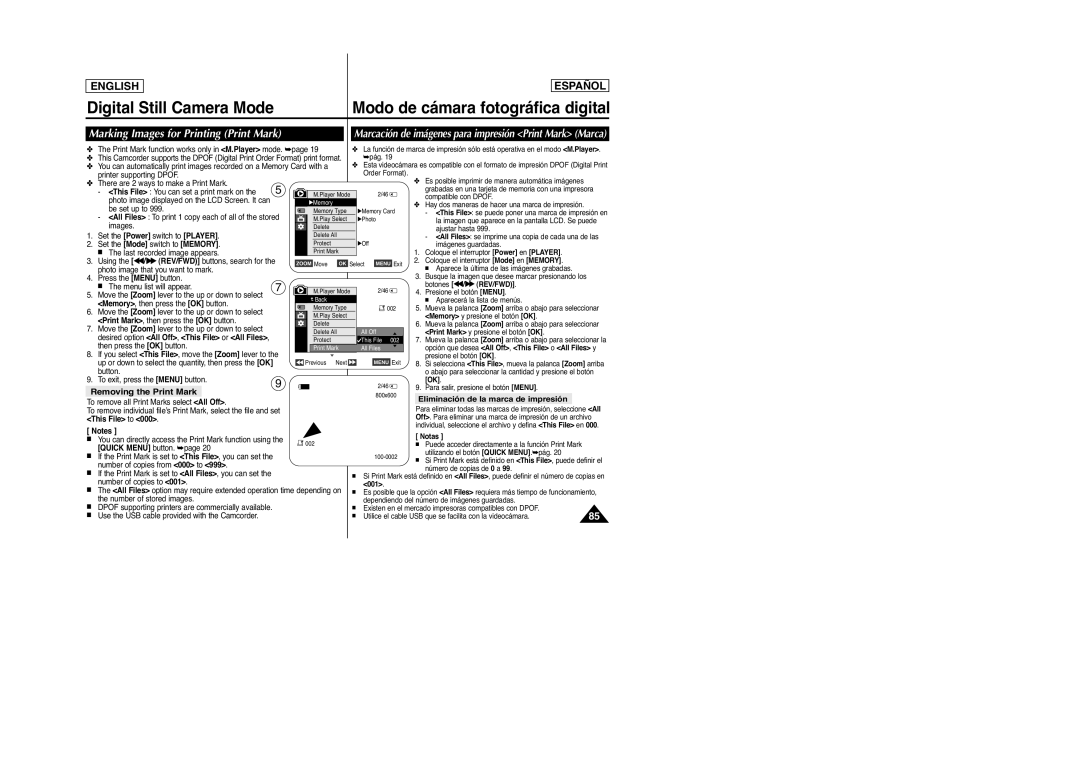 Samsung D965 manual Marking Images for Printing Print Mark, Removing the Print Mark, Eliminación de la marca de impresión 