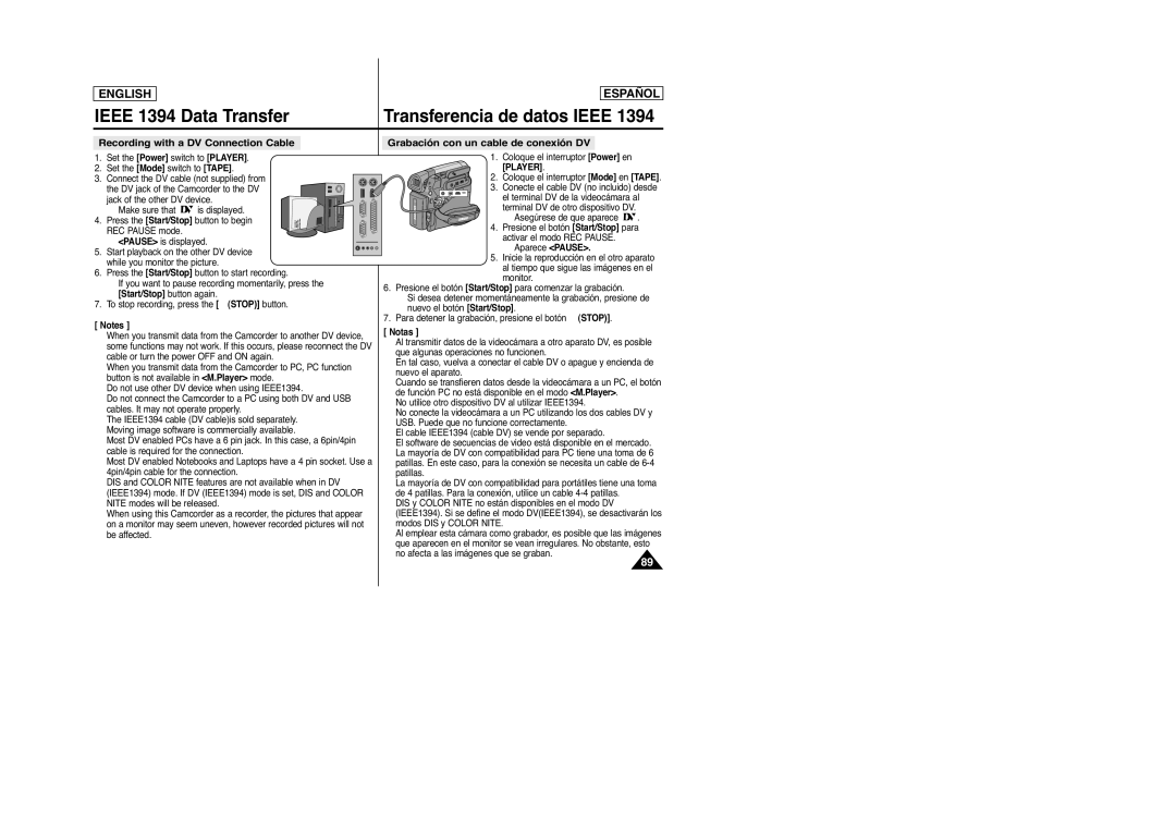 Samsung D965, SC-D963 manual Ieee 1394 Data Transfer, Transferencia de datos Ieee, Recording with a DV Connection Cable 