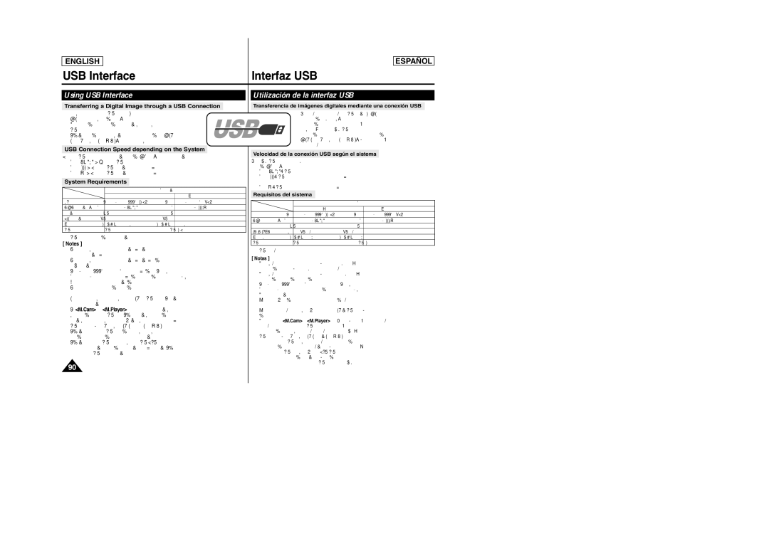 Samsung SC-D963, D965 USB Interface Interfaz USB, Using USB Interface Utilización de la interfaz USB, System Requirements 