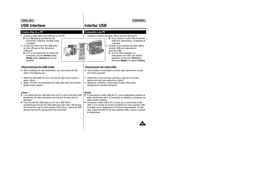 Samsung D965 USB Interface, Connecting to a PC, Conexión a un PC, Disconnecting the USB Cable, Desconexión del cable USB 