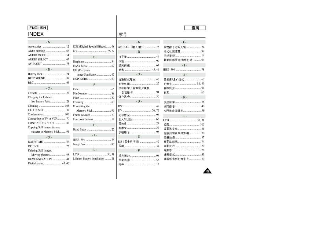 Samsung SC-D99 manual Index, Av In/Out Dse Eis 