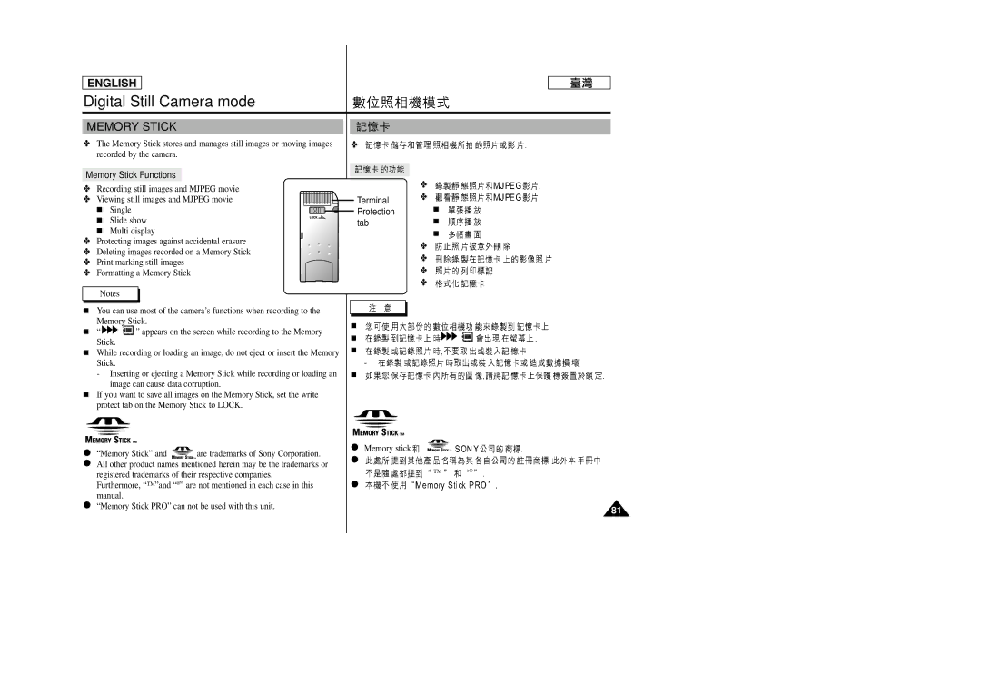 Samsung SC-D99 manual Digital Still Camera mode, Terminal, Protection, Tab 