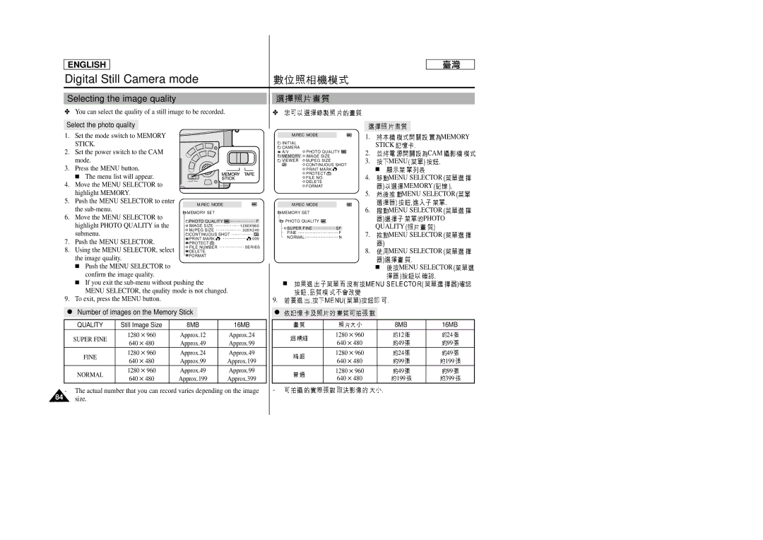 Samsung SC-D99 manual Selecting the image quality, Select the photo quality, Number of images on the Memory Stick 