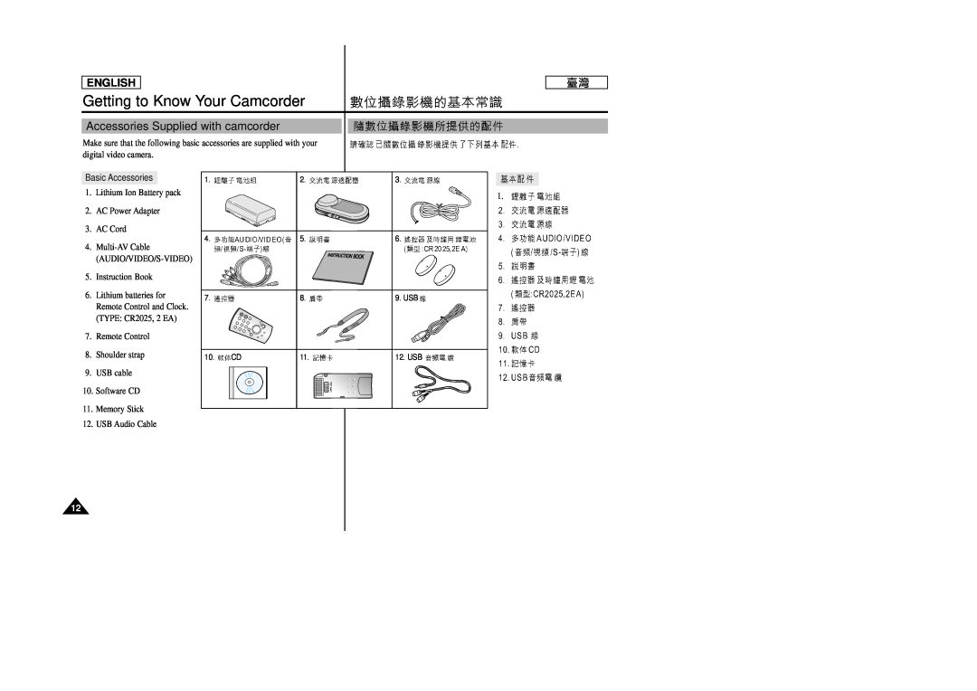 Samsung SC-D99 manual Accessories Supplied with camcorder, Basic Accessories, Getting to Know Your Camcorder, English 