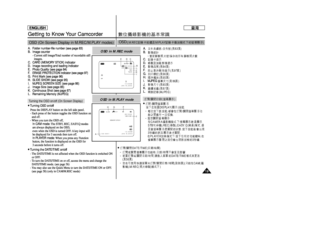 Samsung SC-D99 manual OSD On Screen Display in M.REC/M.PLAY modes OSD, OSD in M.REC mode, OSD in M.PLAY mode, English 