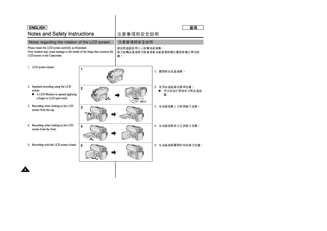 Samsung SC-D99 manual Notes and Safety Instructions, Notes regarding the rotation of the LCD screen, English 