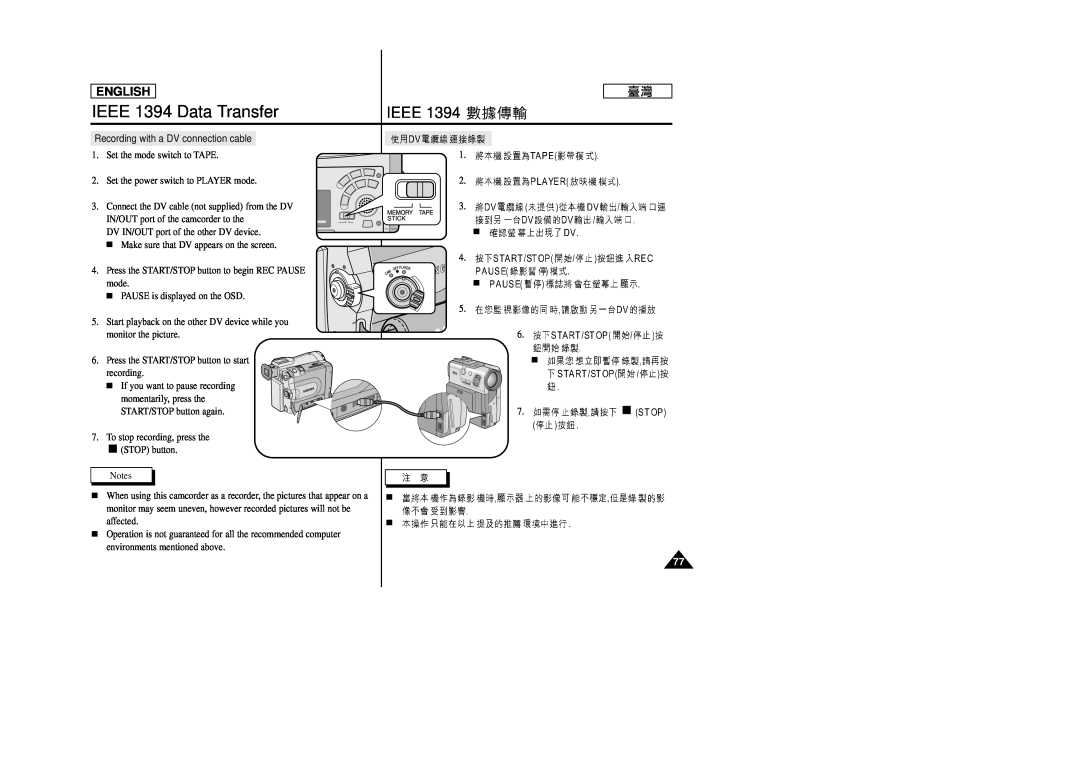 Samsung SC-D99 manual Recording with a DV connection cable, IEEE 1394 Data Transfer, Ieee, English 