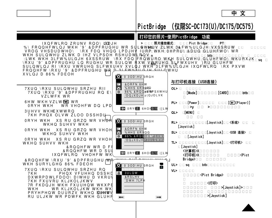 Samsung SC-DC175 manual 打印您的照片-使用PictBridge功能, 105, Connecting To a Printer USB Connect, Connect, then press the Joystick 