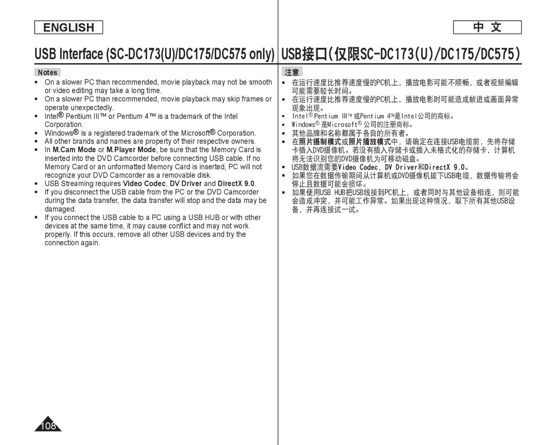 Samsung SC-DC173U, SC-DC175 manual 108,  其他品牌和名称都属于各自的所有者。,  USB数据流需要Video Codec，DV Driver和DirectX 9.0。 