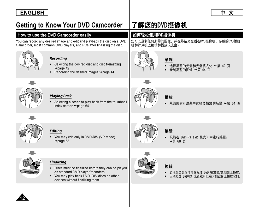 Samsung SC-DC173U, SC-DC175 How to use the DVD Camcorder easily, 如何轻松使用dvd摄像机,  选择期望的光盘和光盘格式化 第 42 页  录制期望的图像 第 44 页 