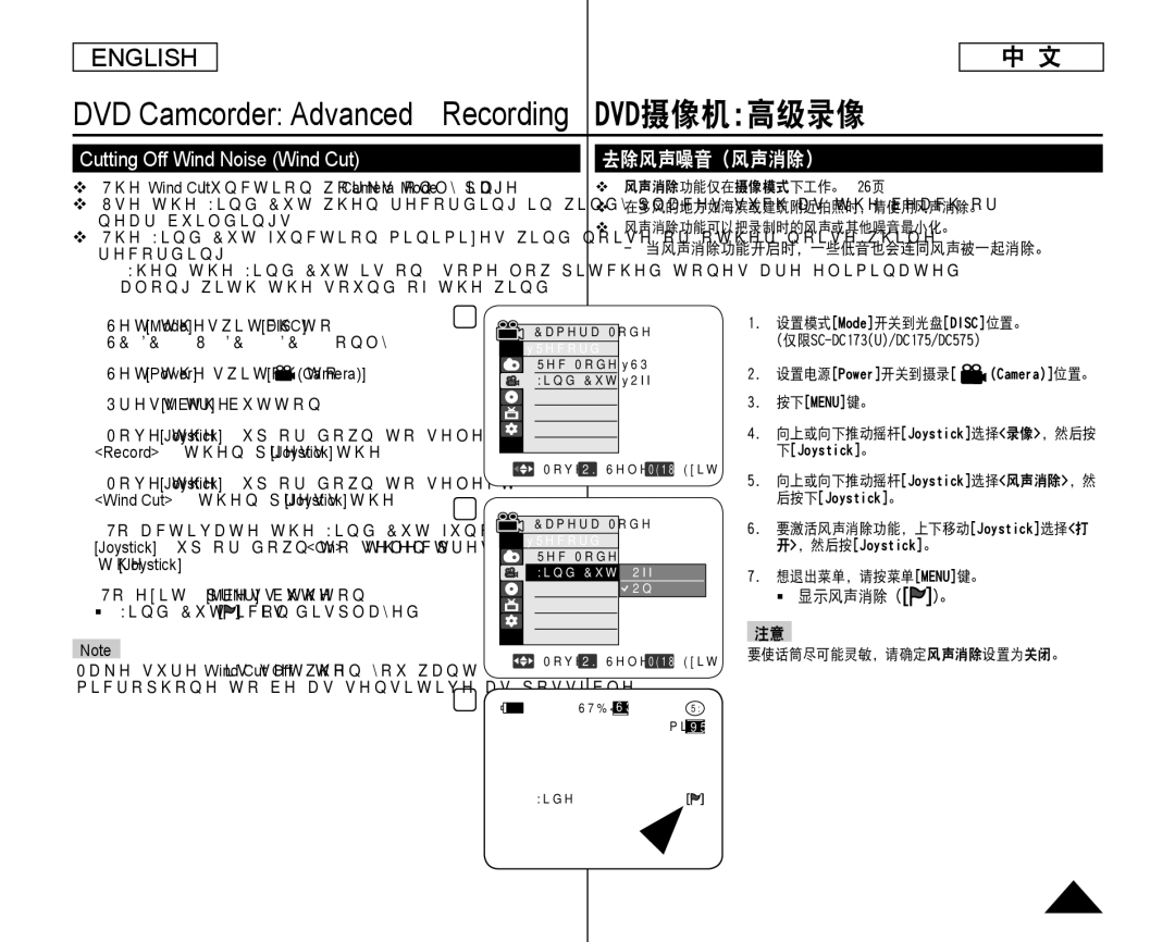 Samsung SC-DC175 DVD Camcorder Advanced Recording DVD摄像机高级录像, Cutting Off Wind Noise Wind Cut, 去除风声噪音（风声消除）, Joystick 