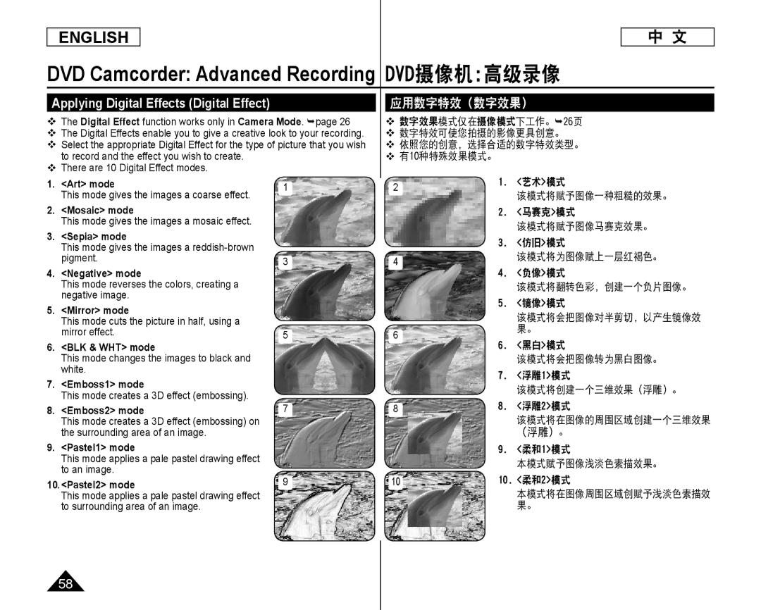 Samsung SC-DC173U, SC-DC175 manual Applying Digital Effects Digital Effect, 应用数字特效（数字效果） 