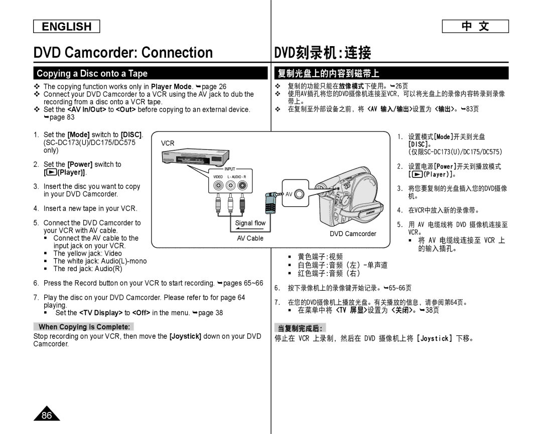 Samsung SC-DC173U, SC-DC175 manual Copying a Disc onto a Tape, 复制光盘上的内容到磁带上, When Copying is Complete 