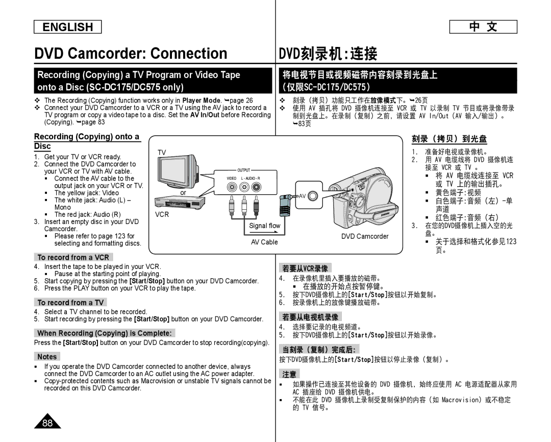 Samsung SC-DC173U manual Onto a Disc SC-DC175/DC575 only, 将电视节目或视频磁带内容刻录到光盘上, 仅限SC-DC175/DC575 