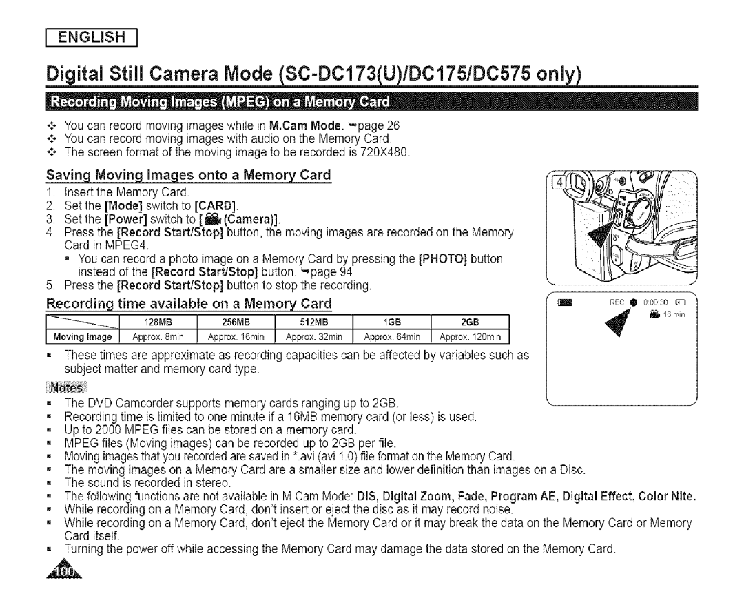 Samsung SC-DCl 73(U) manual Igb, Saving Moving Images onto a Memory Card 