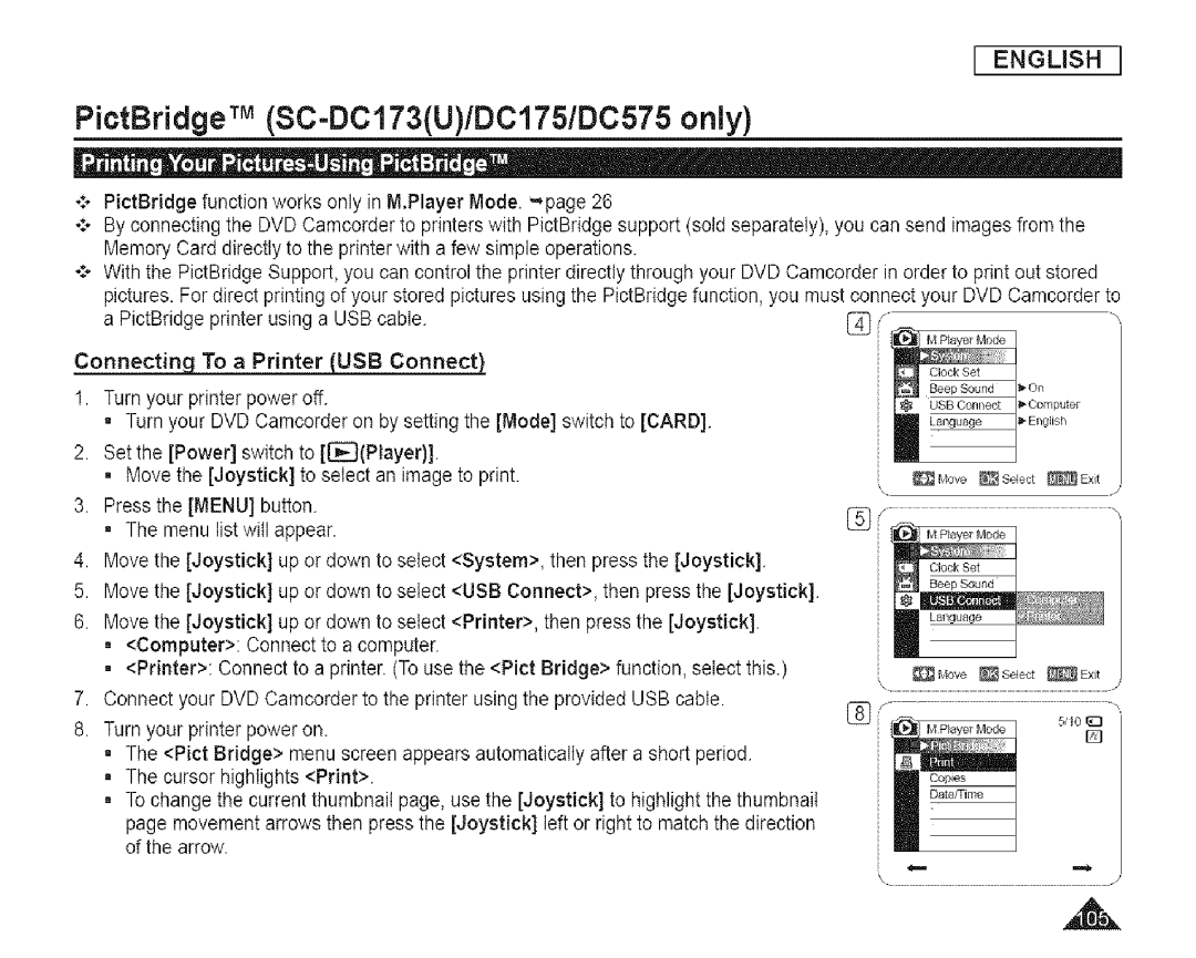 Samsung SC-DCl 73(U) manual PictBridgeTM SC-DC173U/DC175/DC575 only 