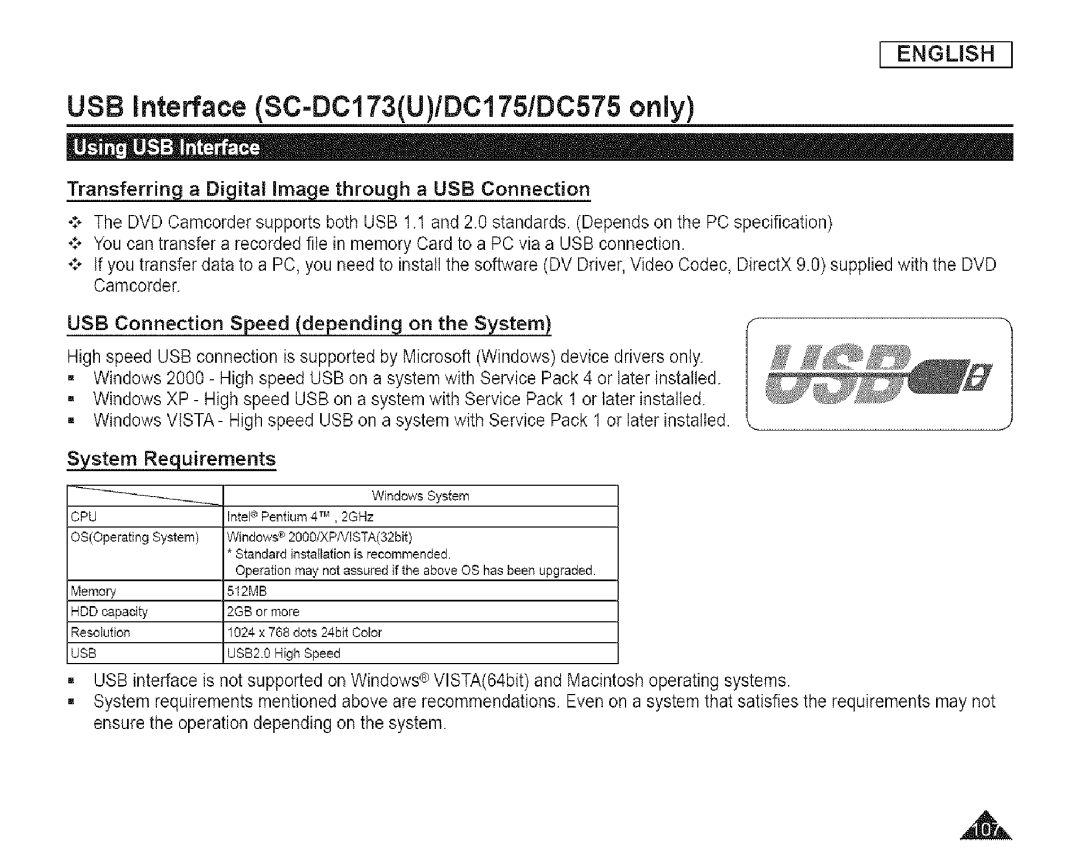 Samsung SC-DCl 73(U) manual USB interface SC=DC173U/DC175/DC575 onJy 