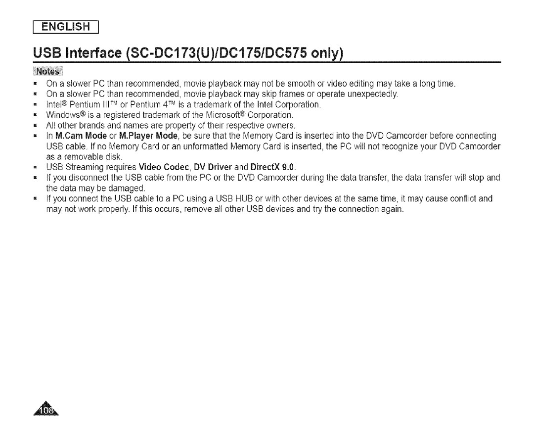 Samsung SC-DCl 73(U) manual USB interface SC-DC173U/DC175/DC575 only 