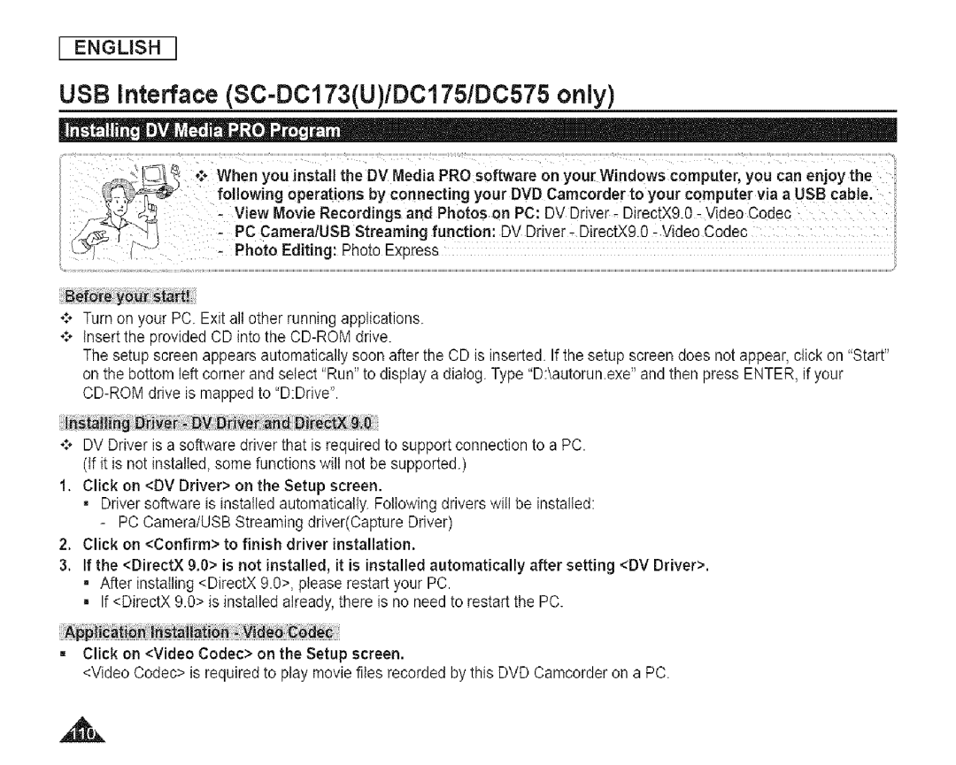 Samsung SC-DCl 73(U) manual USB interface SC-DC173U/DC175/DC575 only 