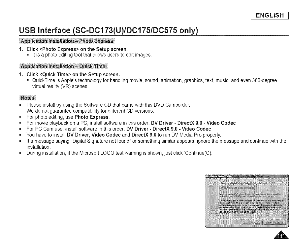 Samsung SC-DCl 73(U) manual USB interface SC=DC173U/DC175/DC575 only, Click Photo Express on the Setup screen 