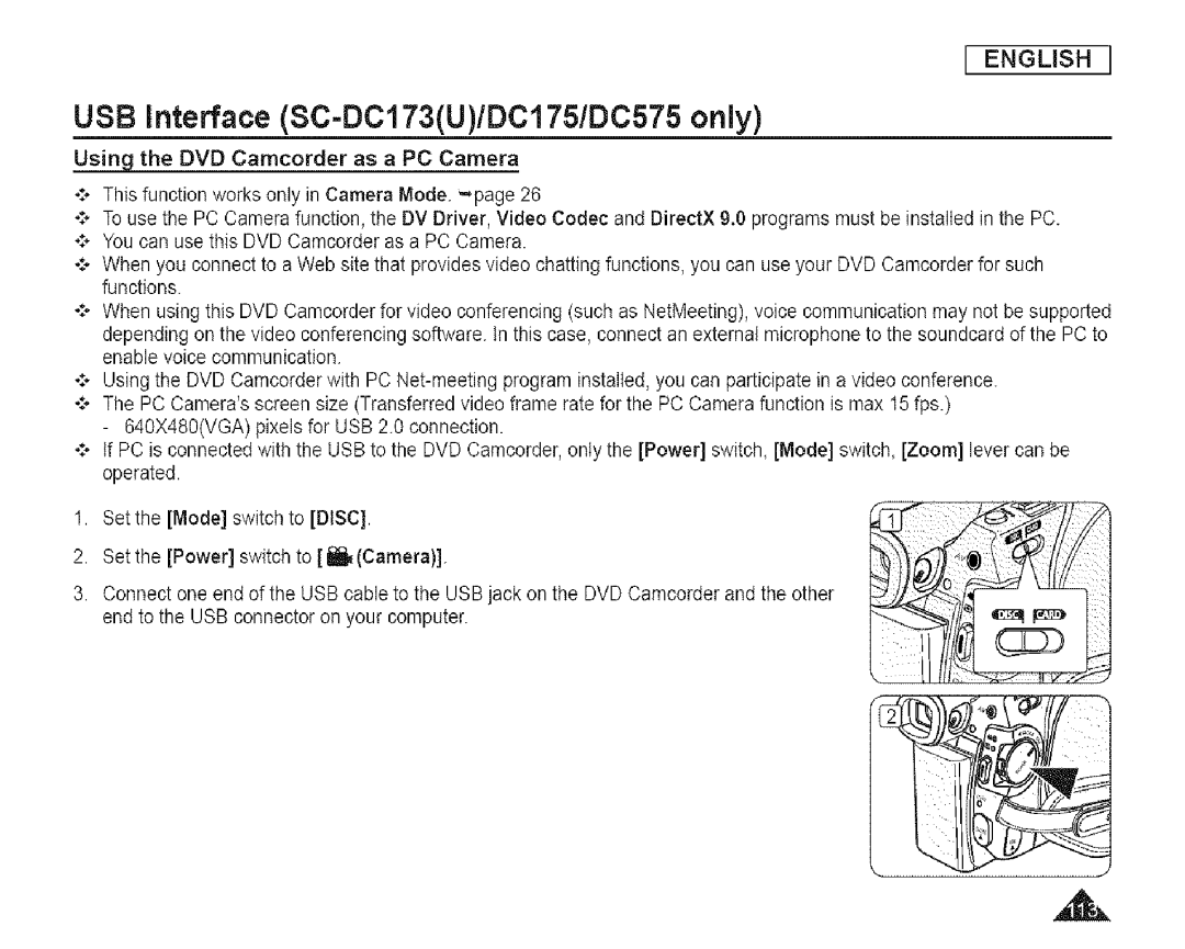 Samsung SC-DCl 73(U) manual USB interface SC-DC173U/DC175/DC575 only, Using the DVD Camcorder as a PC Camera 