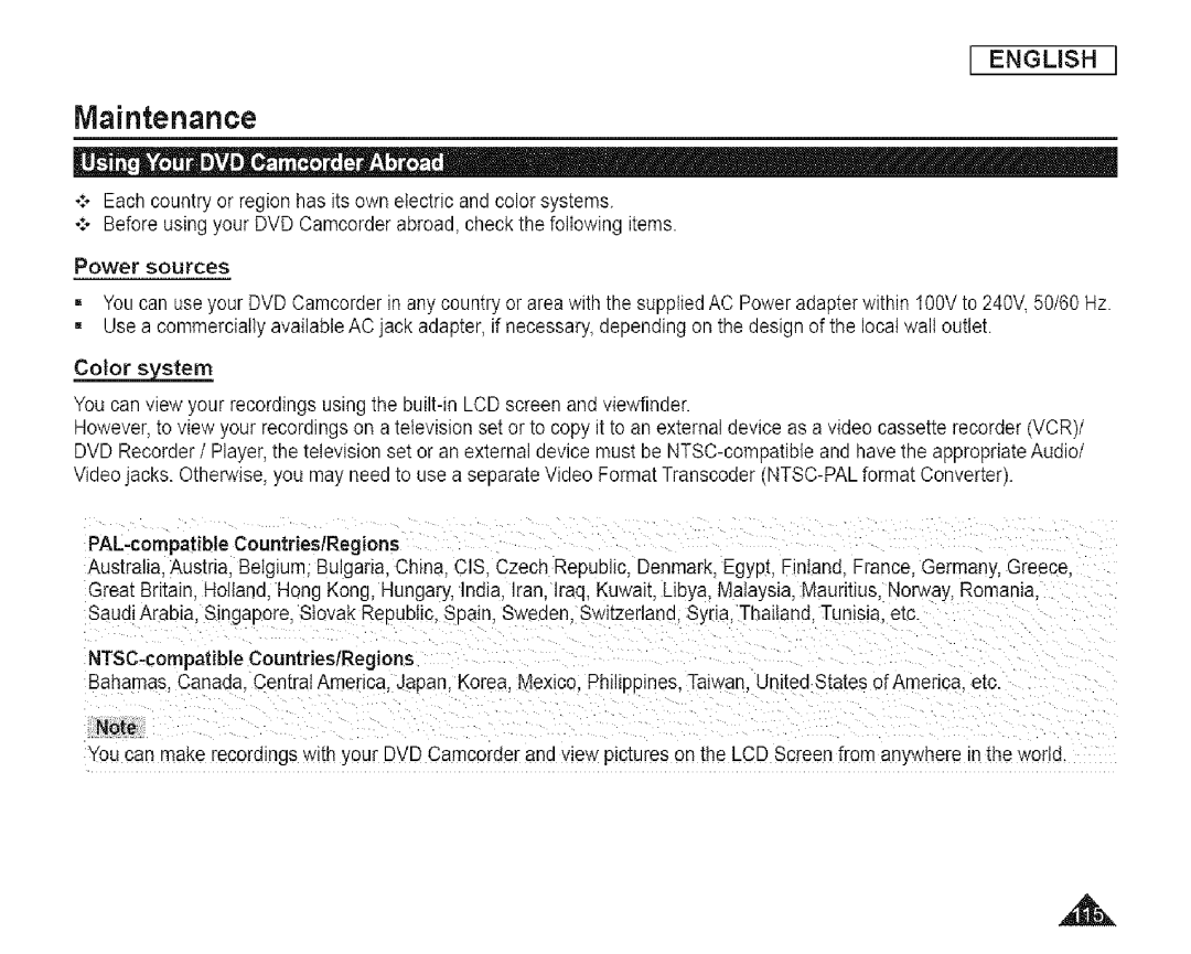 Samsung SC-DCl 73(U) manual Maintenance, NTSC-compatibleCountries/Regions 