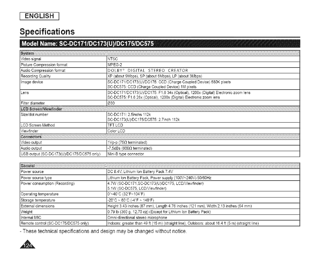 Samsung SC-DCl 73(U) manual Specifications, Dolby Digital Stereo Creator 