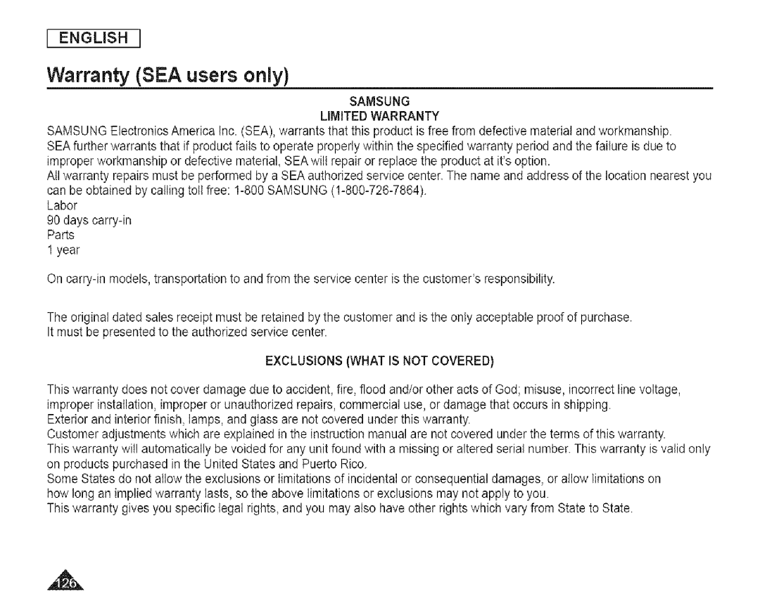 Samsung SC-DCl 73(U) manual Warranty SEA users only 