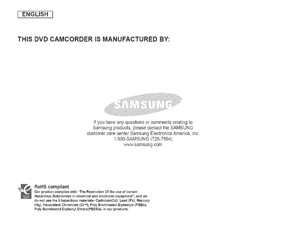 Samsung SC-DCl 73(U) manual THiS DVD Camcorder is Manufactured by 