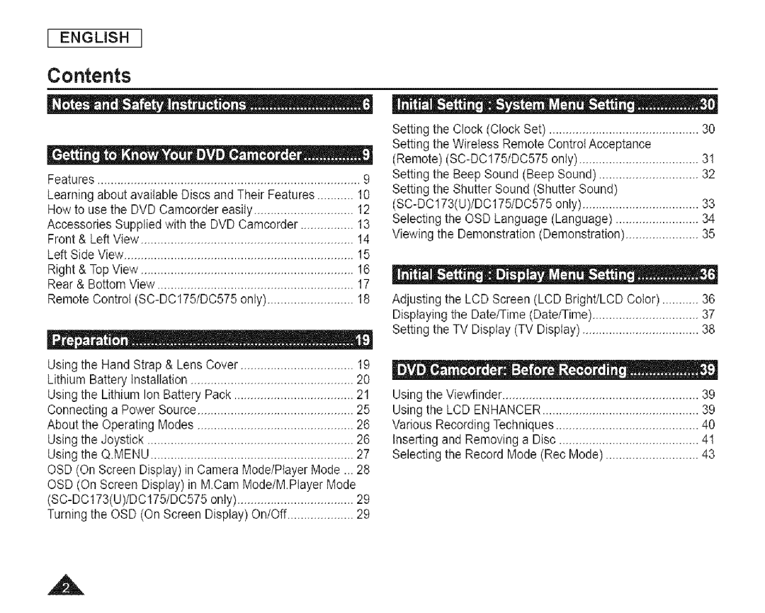 Samsung SC-DCl 73(U) manual Contents 