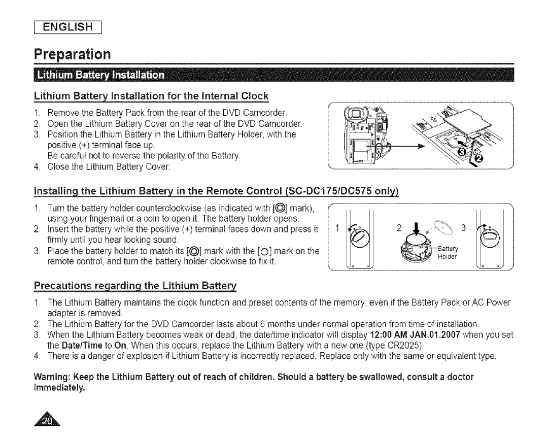 Samsung SC-DCl 73(U) manual Precautions re ardin the Lithium Battery 