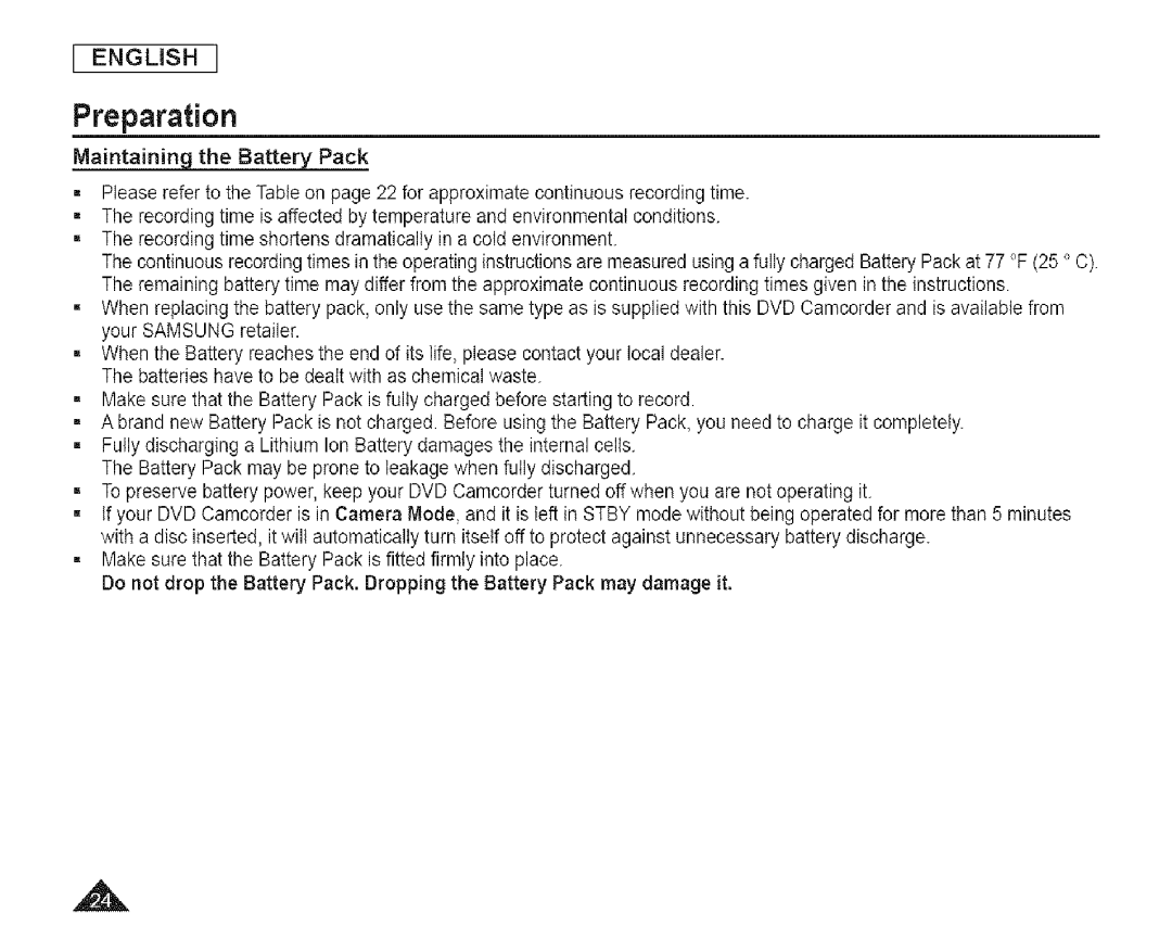 Samsung SC-DCl 73(U) manual Maintaining the Battery Pack 