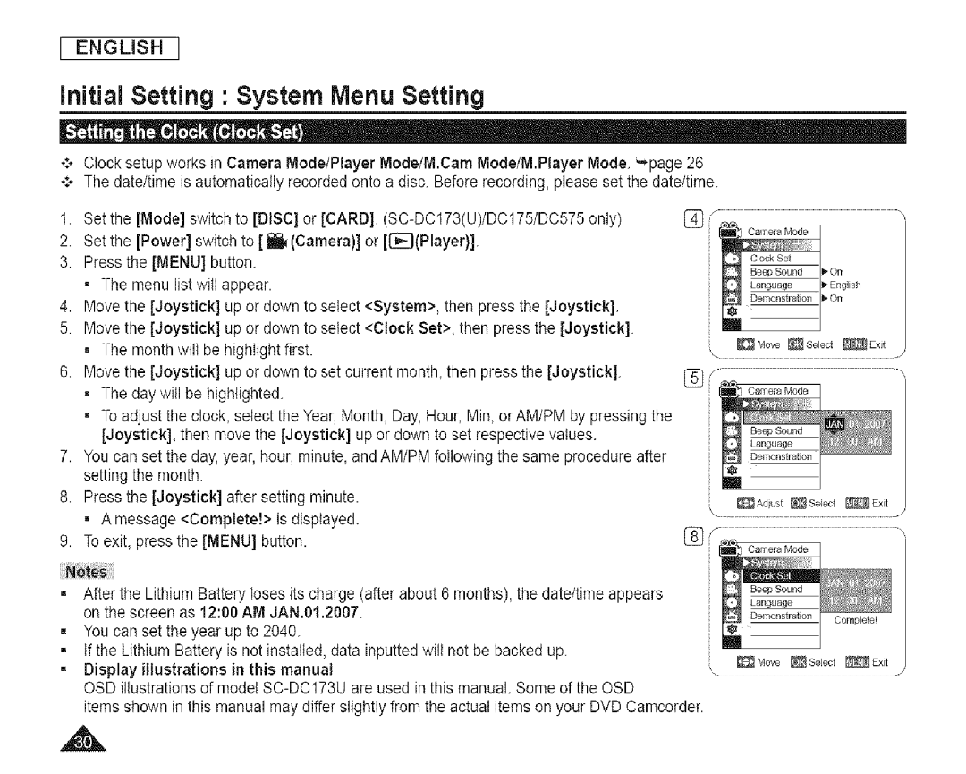 Samsung SC-DCl 73(U) manual Initial Setting System Menu Setting 