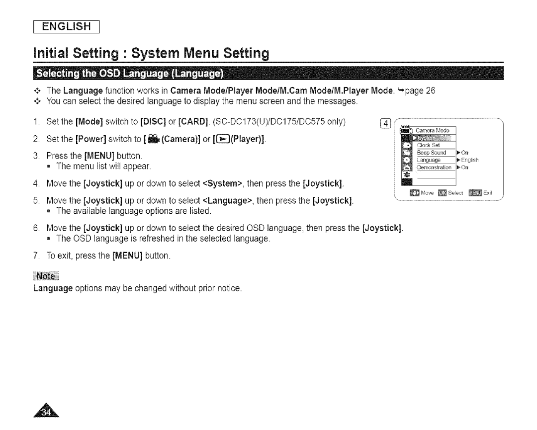 Samsung SC-DCl 73(U) manual InitiaJ Setting System Menu Setting 