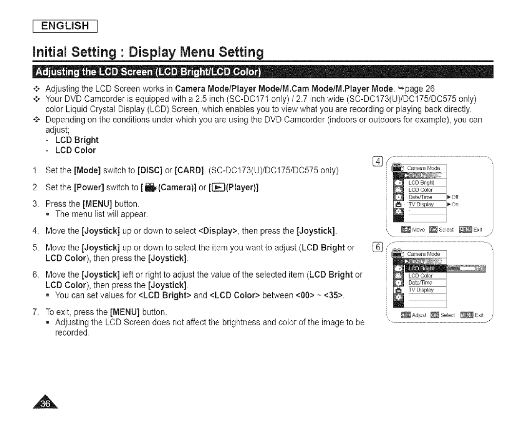 Samsung SC-DCl 73(U) manual Initial Setting Display Menu Setting 