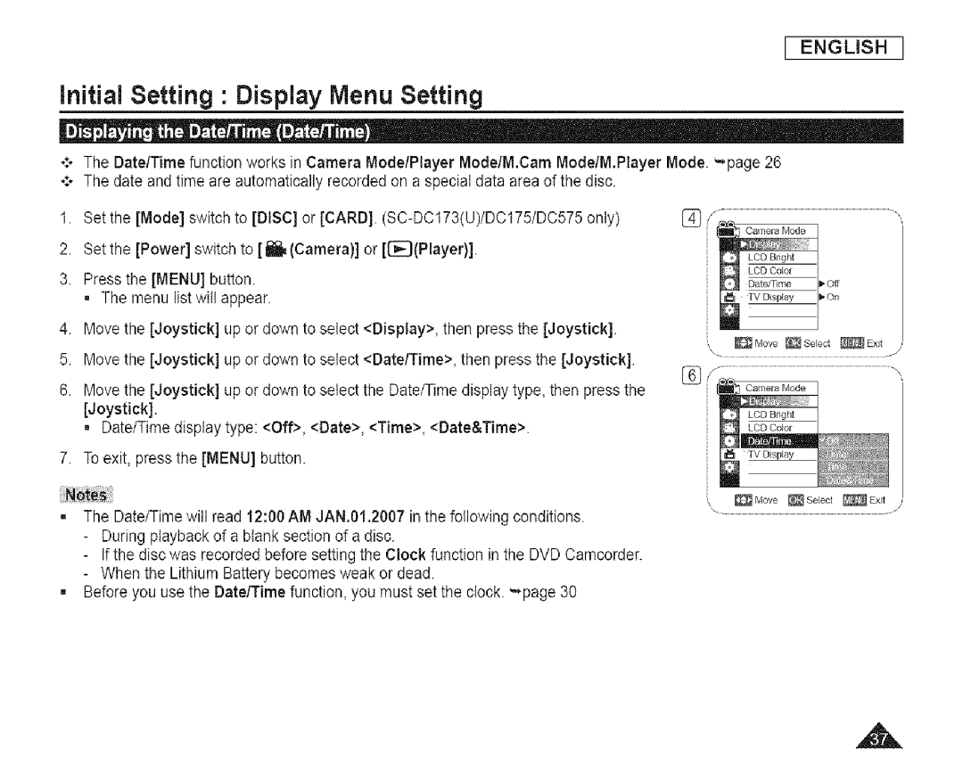 Samsung SC-DCl 73(U) manual InitiaJ Setting Display Menu Setting 