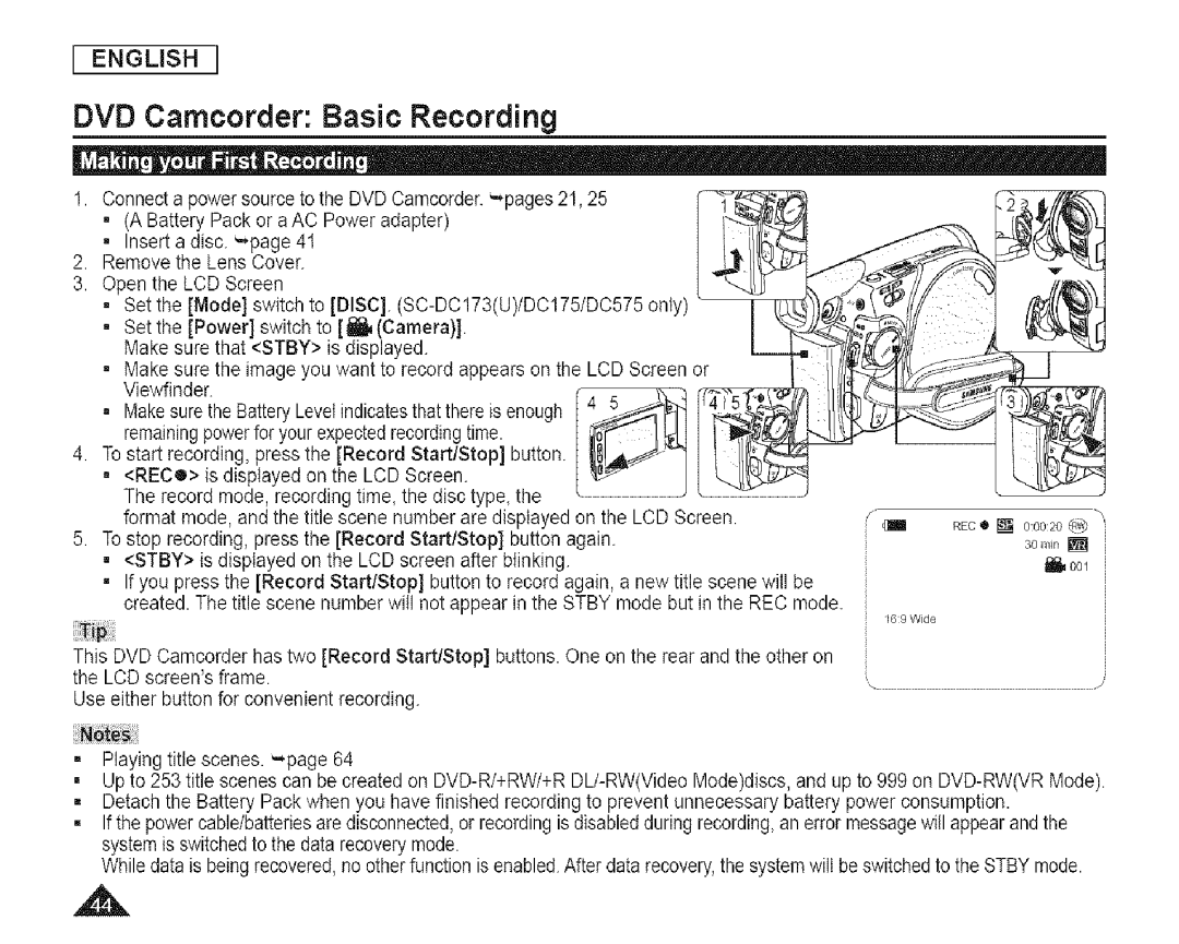 Samsung SC-DCl 73(U) manual DVD Camcorder Basic Recording 