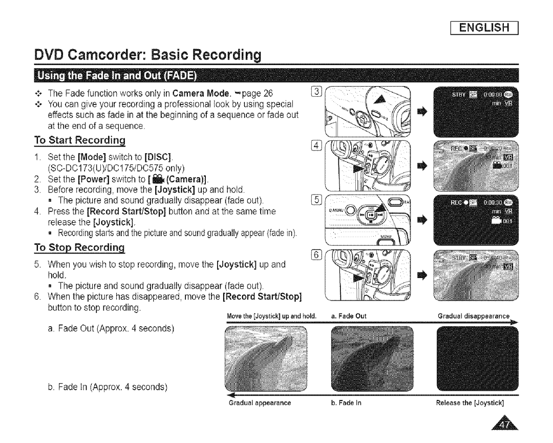 Samsung SC-DCl 73(U) manual Fade Out Approx seconds Fade In Approx seconds 