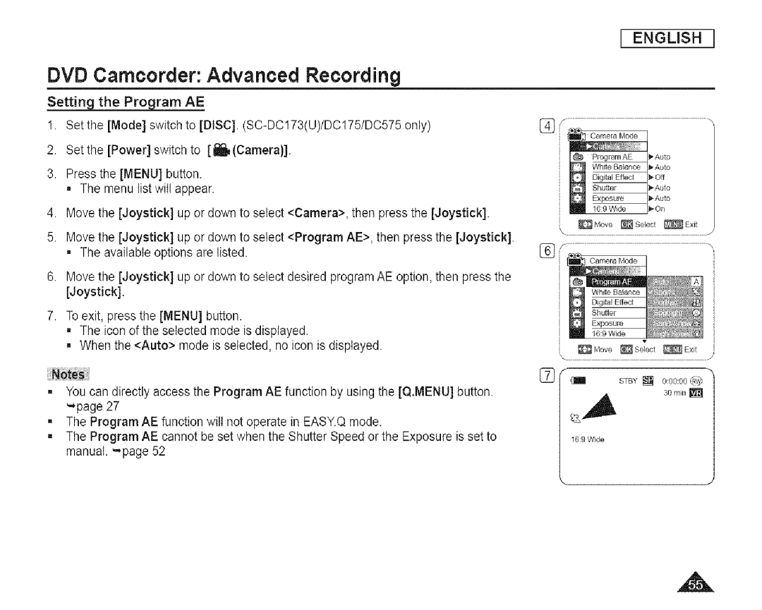 Samsung SC-DCl 73(U) manual Setting the Program AE 