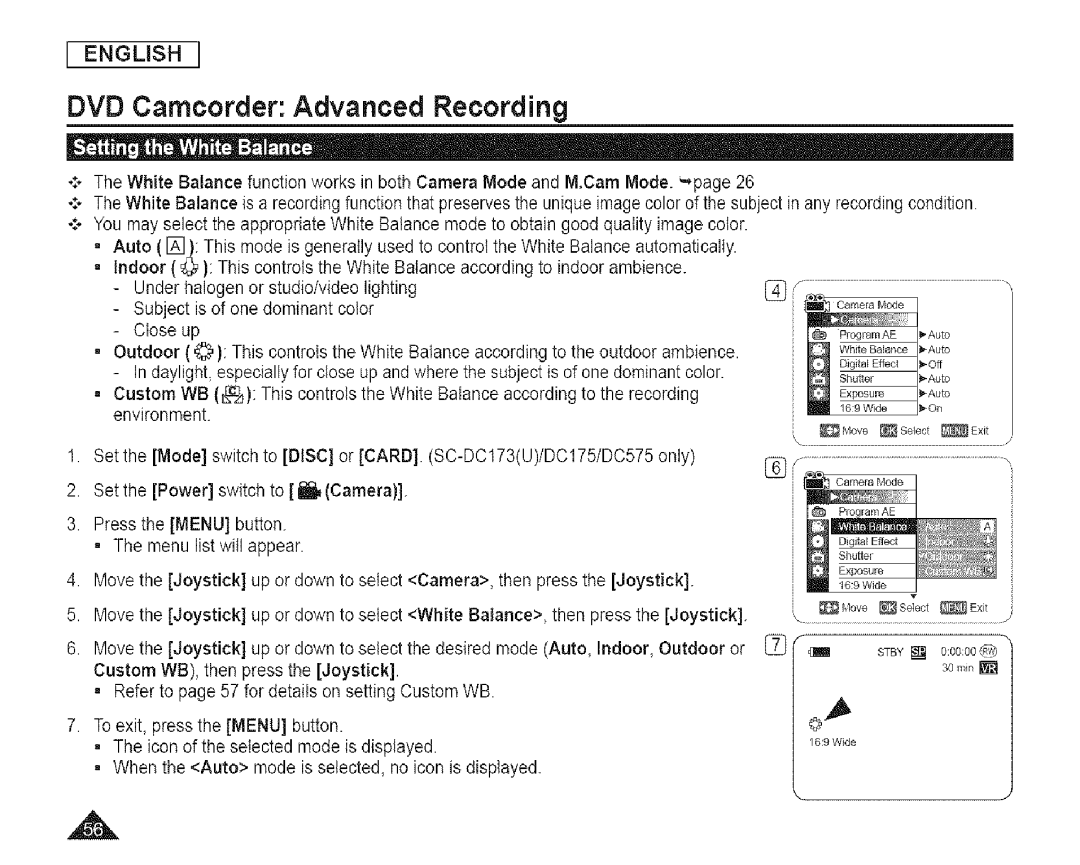 Samsung SC-DCl 73(U) manual Custom WB, then press the Joystick 