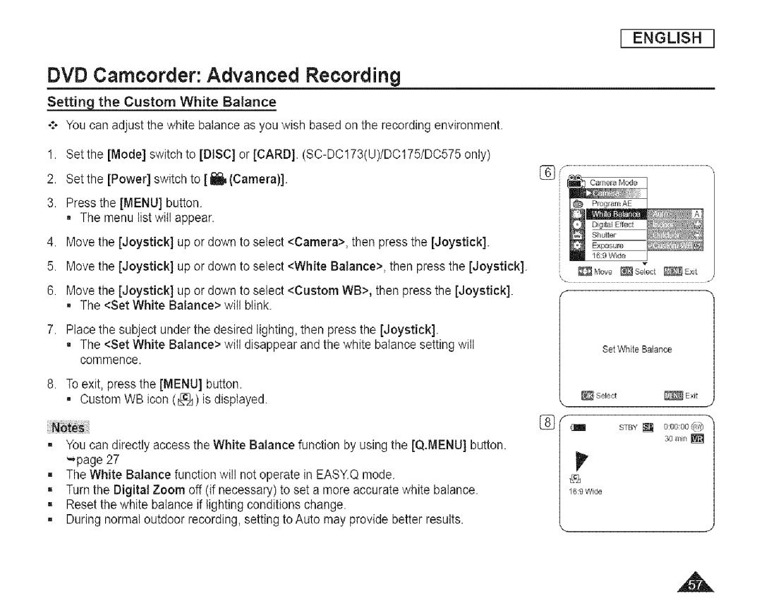 Samsung SC-DCl 73(U) manual Setting the Custom White Balance 