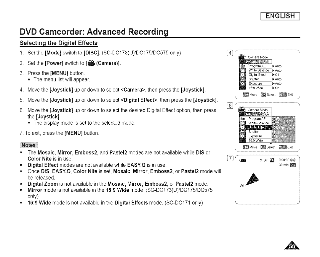 Samsung SC-DCl 73(U) manual Selecting the Digital Effects 