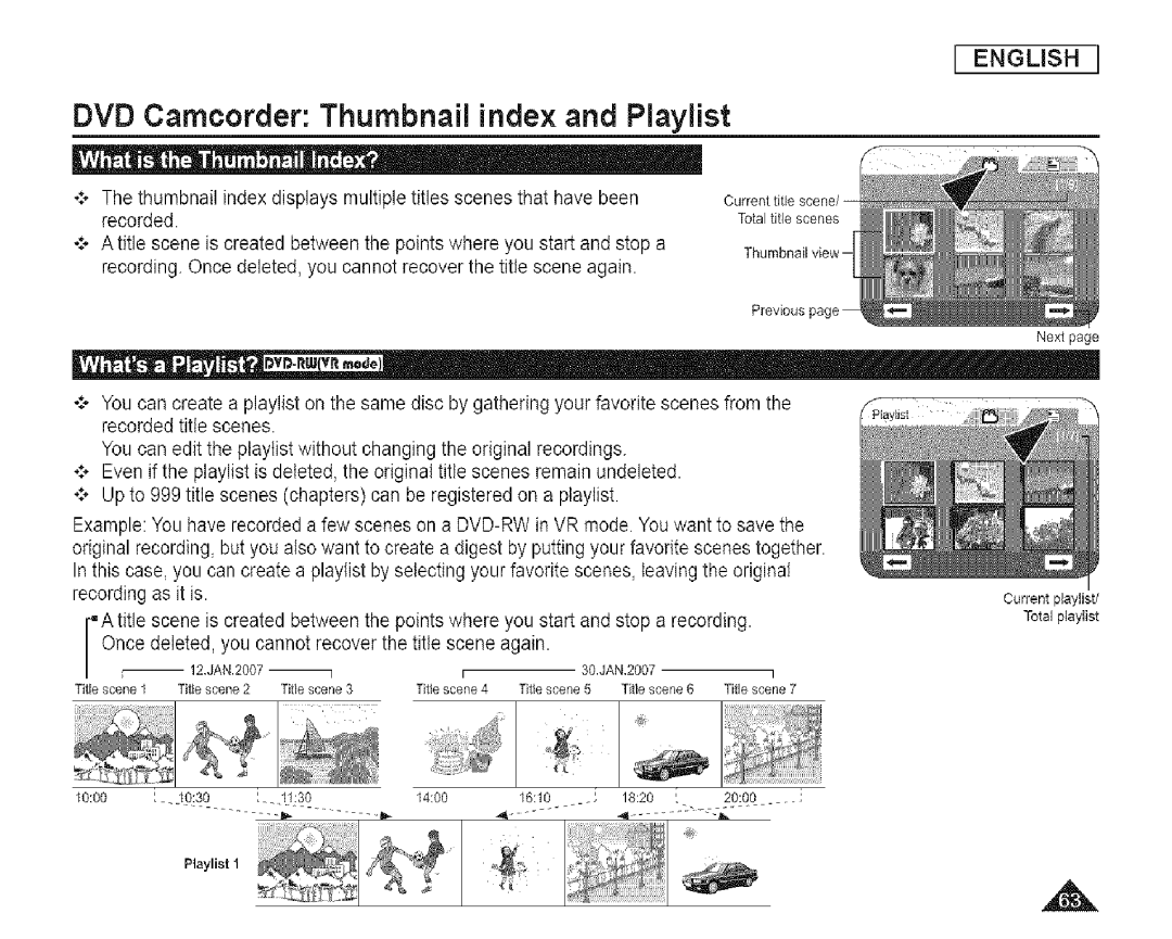 Samsung SC-DCl 73(U) manual DVD Camcorder Thumbnail index and Playlist 