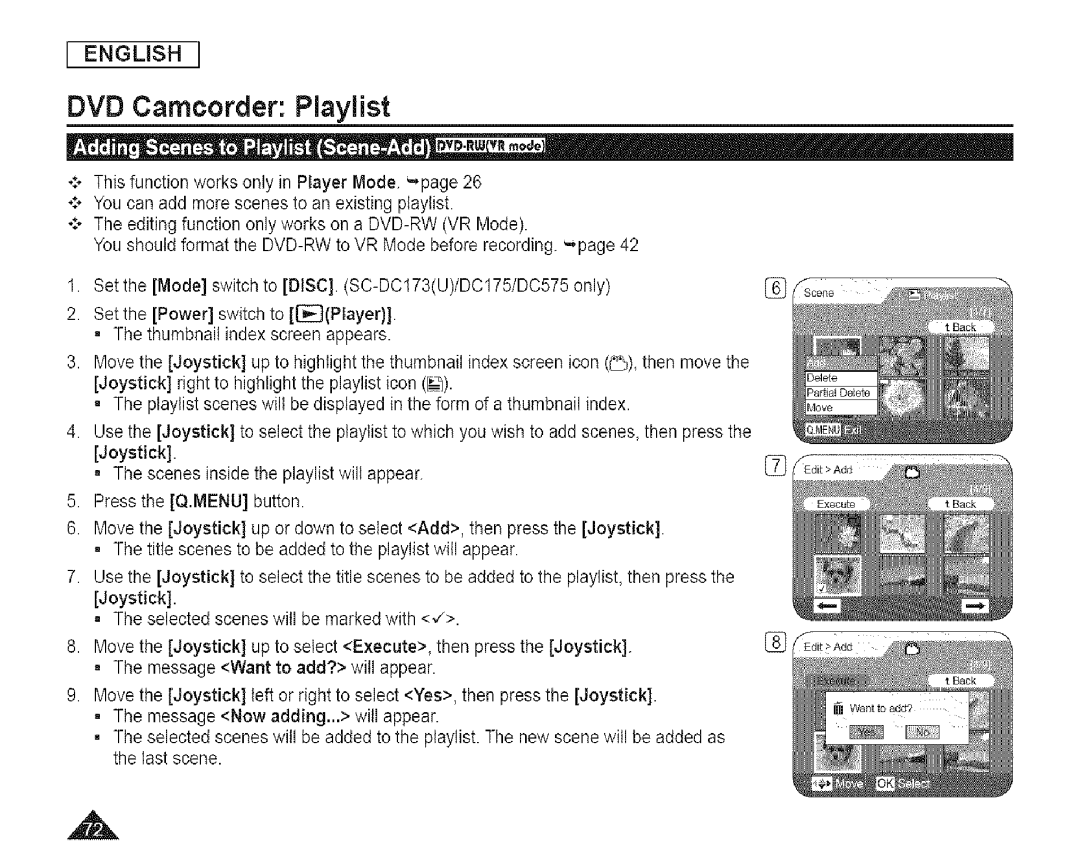 Samsung SC-DCl 73(U) manual DVD Camcorder Playlist 