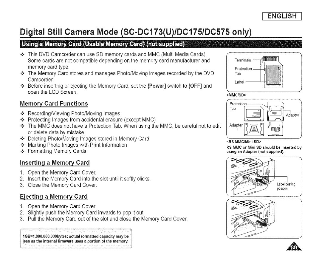 Samsung SC-DCl 73(U) manual Digital Still Camera Mode SC=DC173U/DCI75/DC575 only, Ejecting a Memory Card 