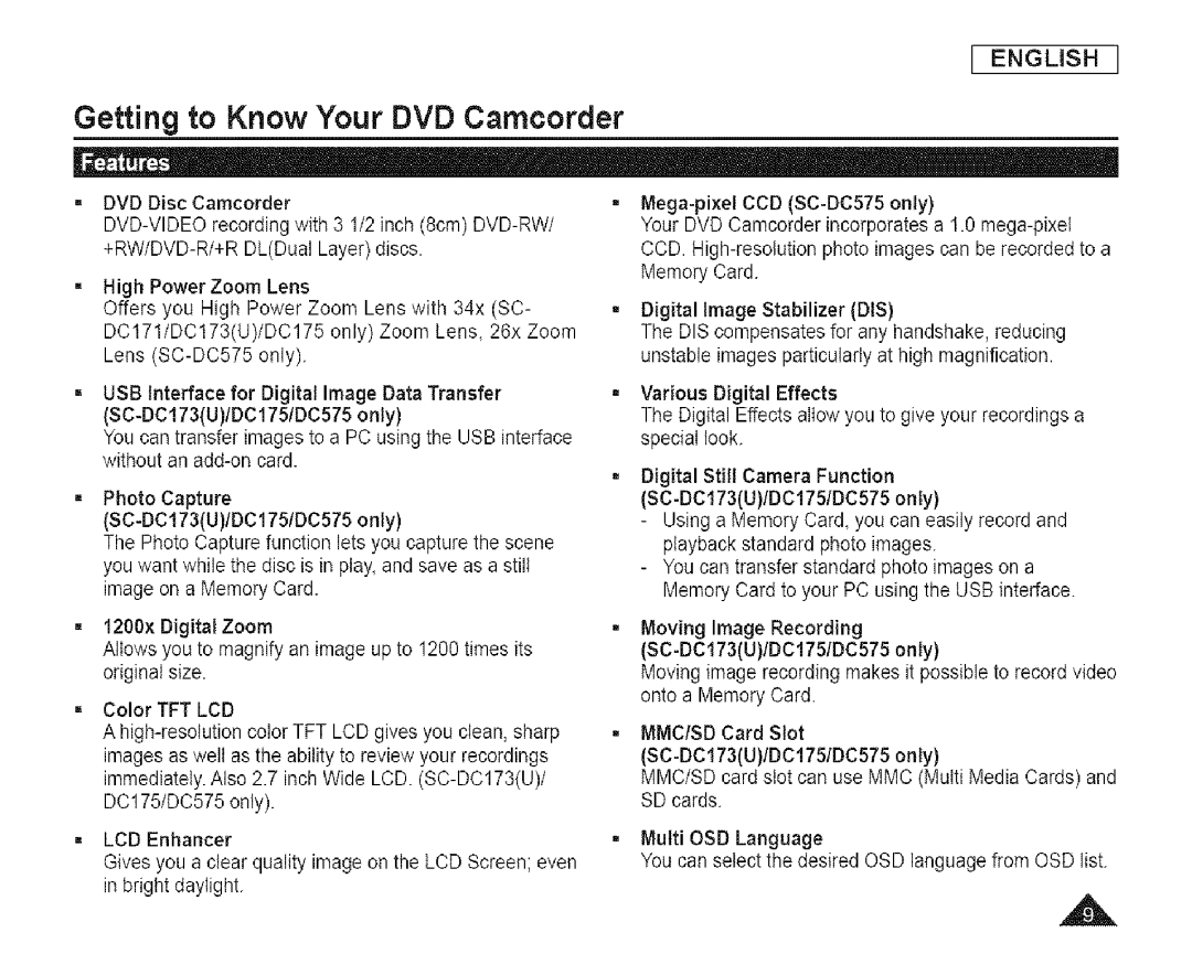 Samsung SC-DCl 73(U) manual Getting to Know Your DVD Camcorder 