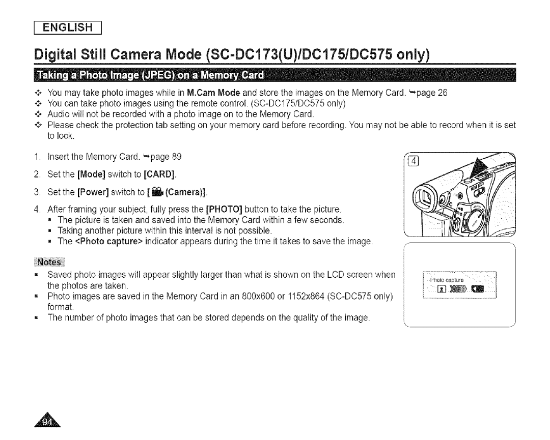 Samsung SC-DCl 73(U) manual Digital Still Camera Mode SC-DC173U/DCI75/DC575 only 